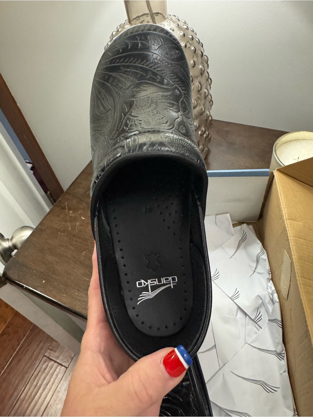 Dansko Black Embossed Leather Slip-On Clogs - Picture 3 of 6